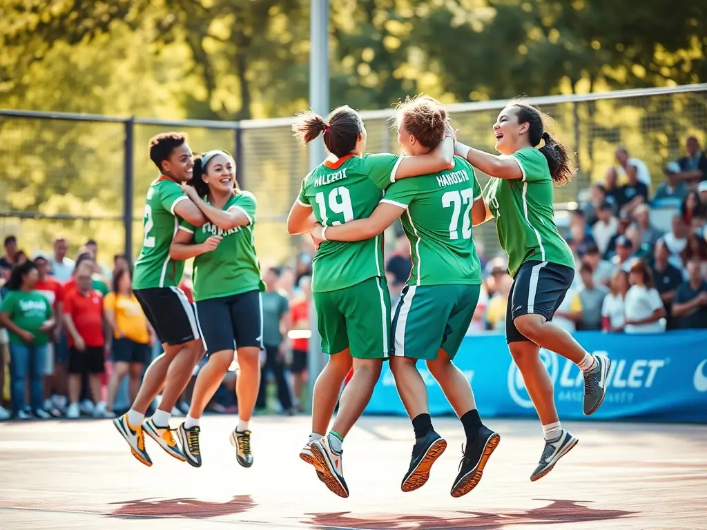 A vibrant image of HBC NRJ SC Handball Club members celebrating a victory, showcasing their teamwork and camaraderie.