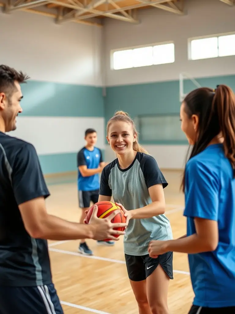 A group of HBC NRJ SC handball players of different ages and skill levels participating in a team-building exercise during a training session, emphasizing camaraderie.