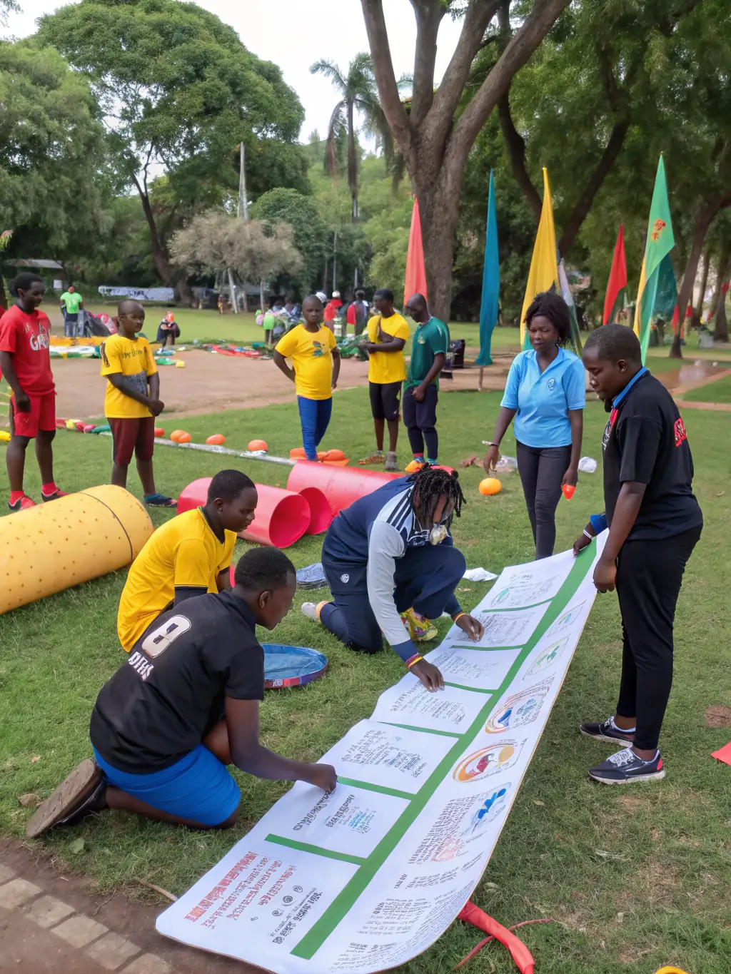 A group of HBC NRJ SC members volunteering at a community sports event, assisting with setup and engaging with local residents, promoting the club's community involvement.