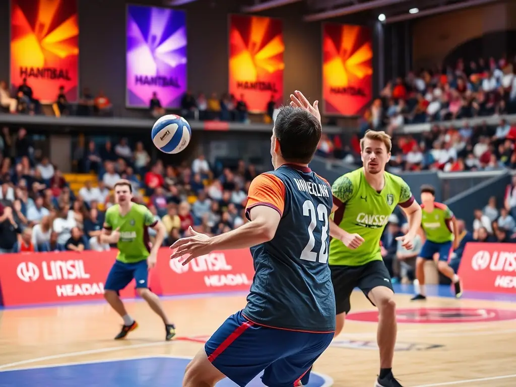 An image of a competitive handball match, highlighting the intensity and excitement of the game.