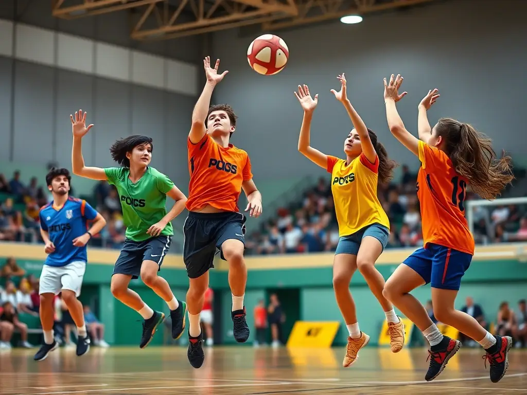 An action shot of players in peak physical condition during a handball match, highlighting the fitness benefits of the sport.