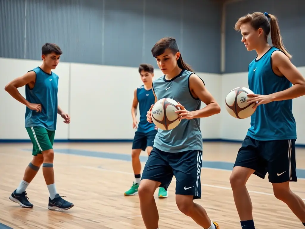 A dynamic action shot of young handball players participating in a training session, showcasing their agility and teamwork.