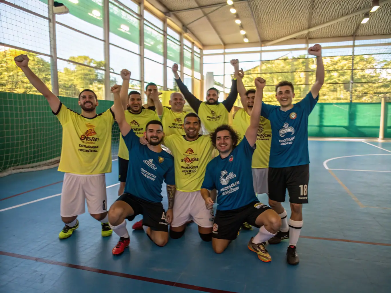 A group of handball players celebrating a victory, emphasizing the camaraderie and team spirit within the club.