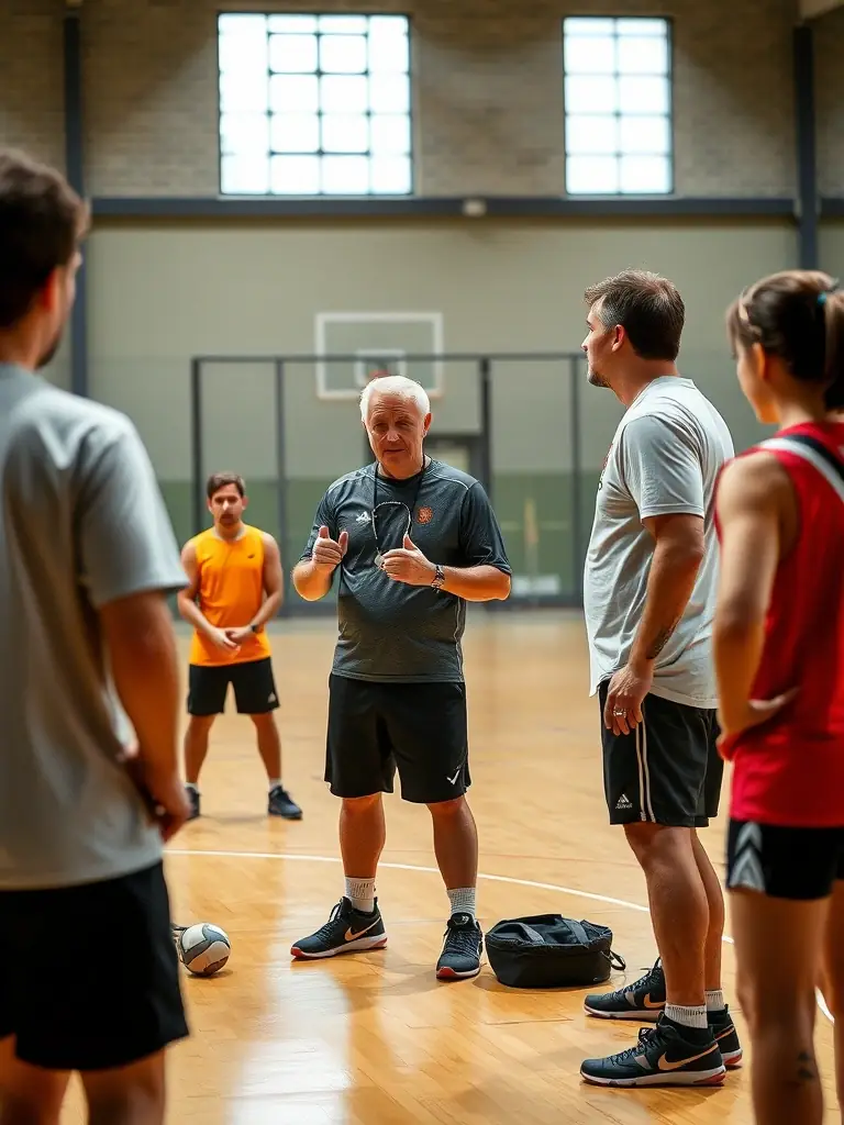 Image of senior handball players demonstrating advanced techniques during a training session, emphasizing strategic gameplay and physical conditioning, with the coach providing guidance.