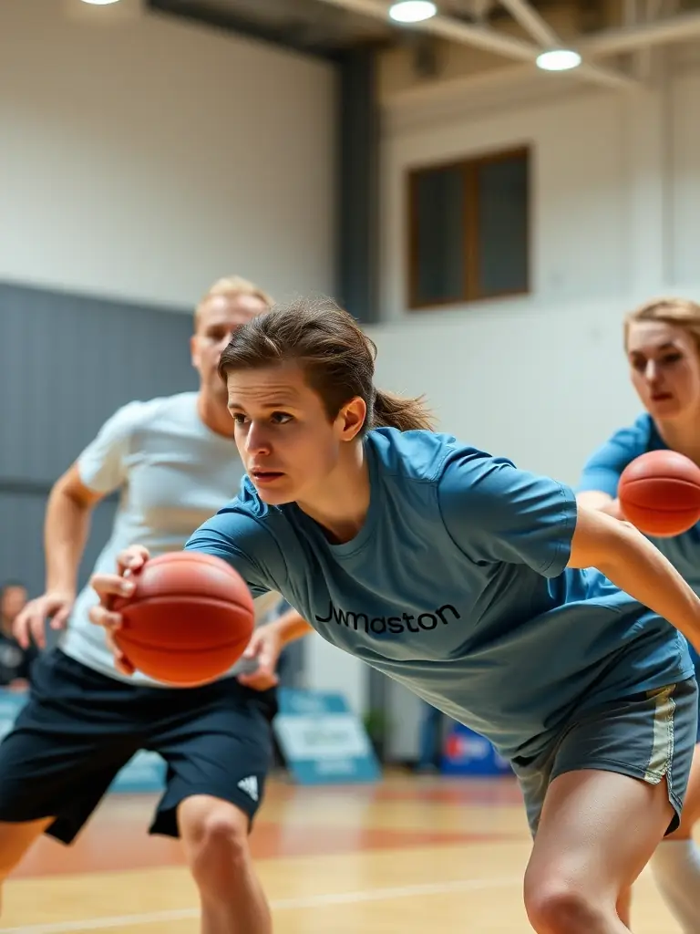 Action shot of young handball players participating in a training drill, focusing on passing accuracy, set in a brightly lit indoor sports hall with the HBC NRJ SC logo visible in the background.