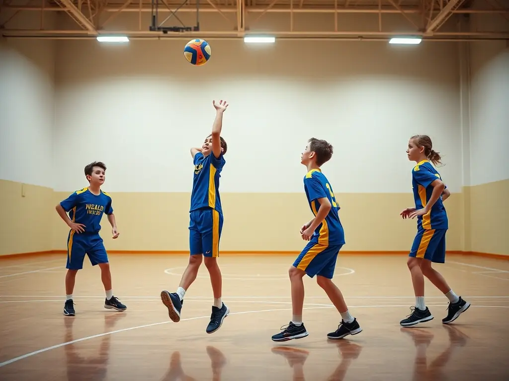 A vibrant image of young handball players in action during a training session, showcasing their energy and enthusiasm for the sport.