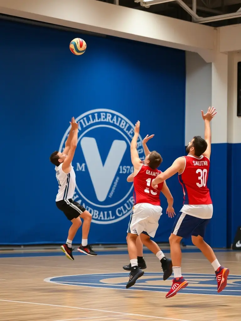 Image of handball players in action during a competitive match, showcasing the intensity and excitement of the game, with spectators cheering in the stands.